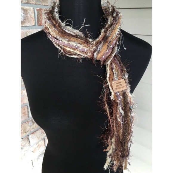 HANDMADE Necklace Scarf Brownie Dots Fringe Boho Eyelash Yarn Batik Fabric - Picture 4 of 4